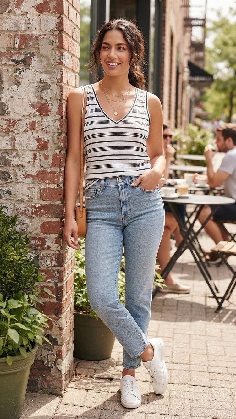 Madewell Black White Striped V-Neck Tank Top Size XL Casual Summer Basic